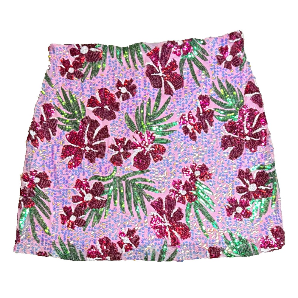 Rachel Zoe Women's Floral Sequin Mini Skirt, Pink Green Burgundy, Size L
